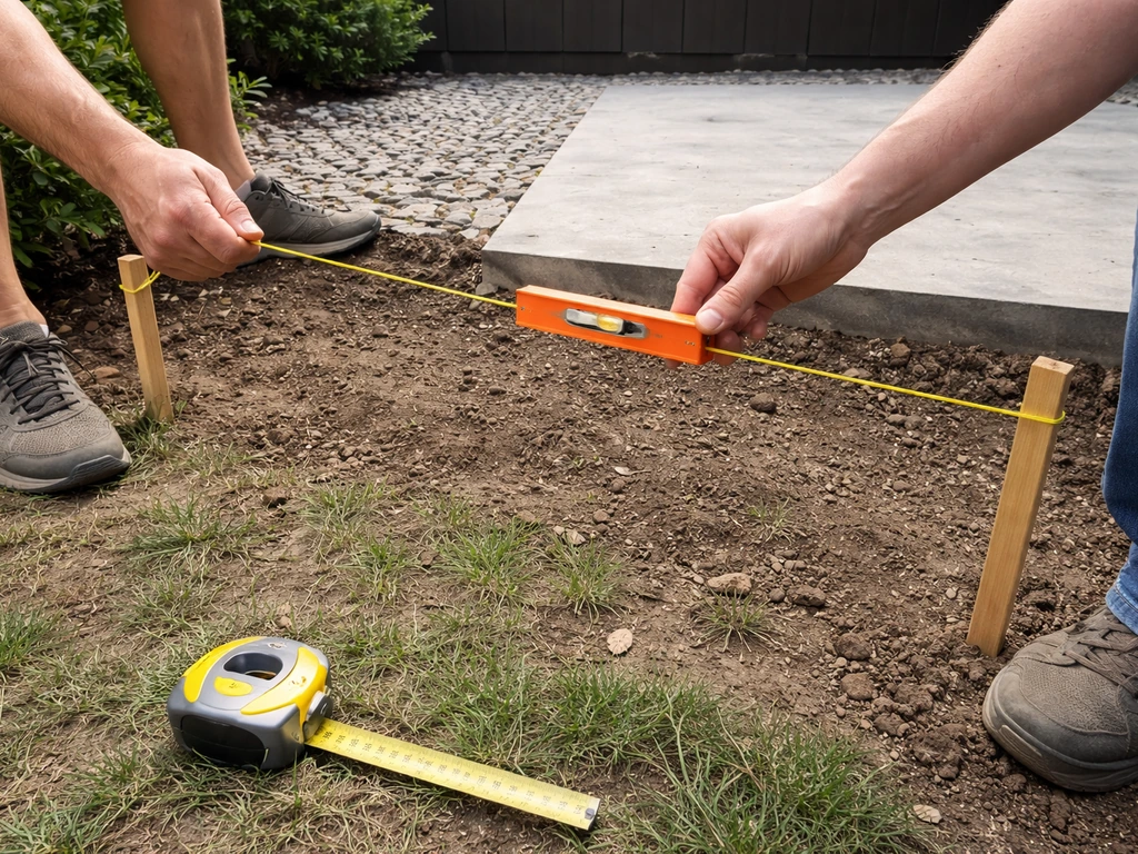 Anonymous workers using a string line, stakes, and a long level to measure patio slope