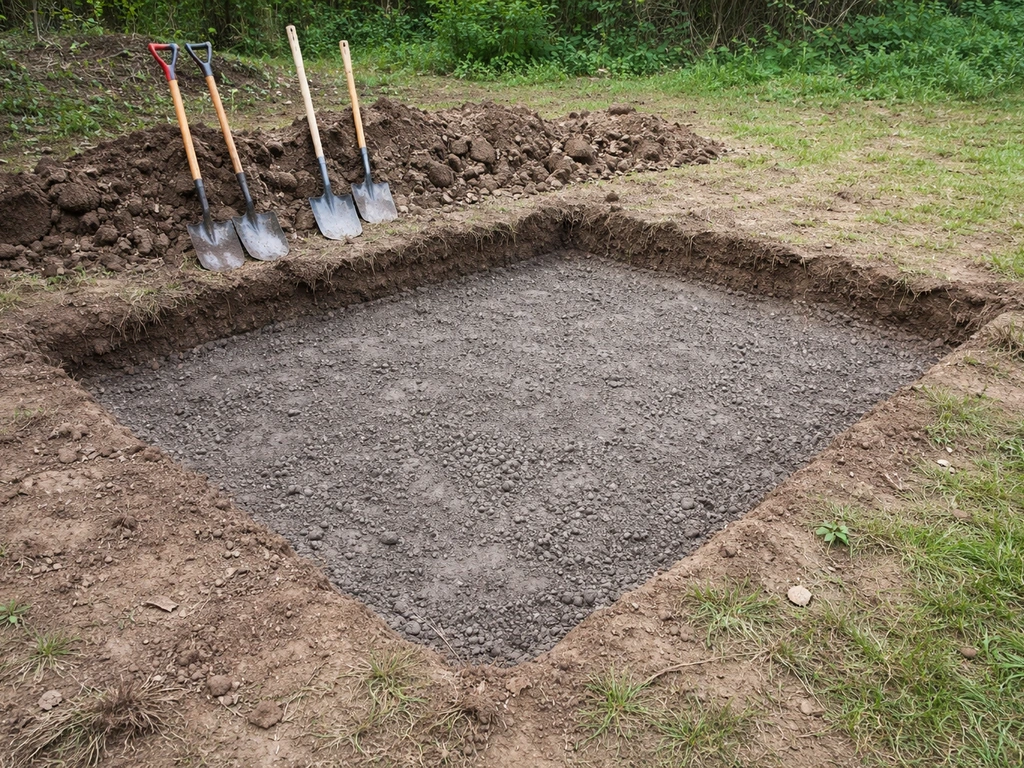Excavated patio footprint with topsoil removed, subgrade/base exposed on a sloped site