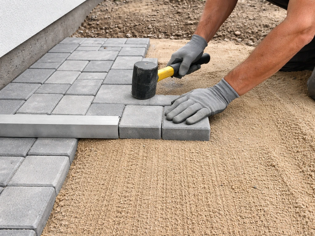 Hands using a rubber mallet to set pavers on a sloped bed of leveled sand, alignment checked with a level.