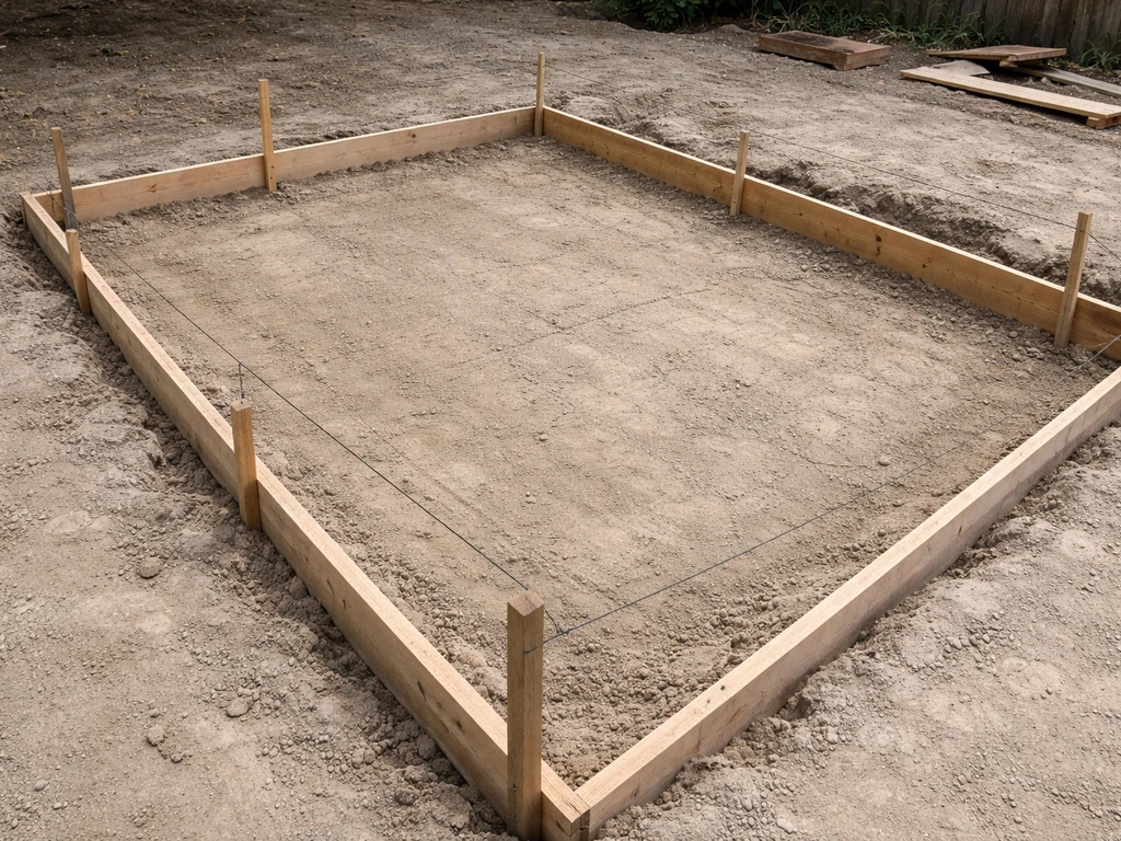 Contractor working on an excavated patio area with stakes, string line, and wooden form edges