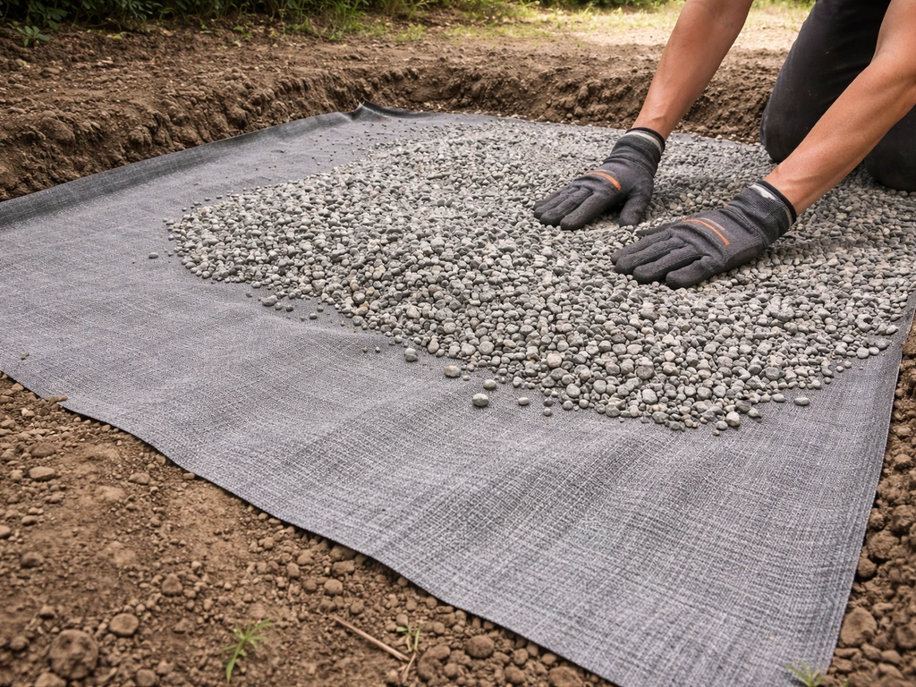 Geotextile fabric spread over compacted soil while aggregate base is poured and leveled