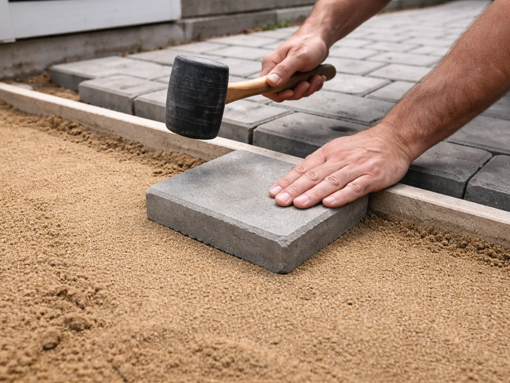 Hands place concrete pavers on fresh bedding sand using a rubber mallet and a straight reference edge.