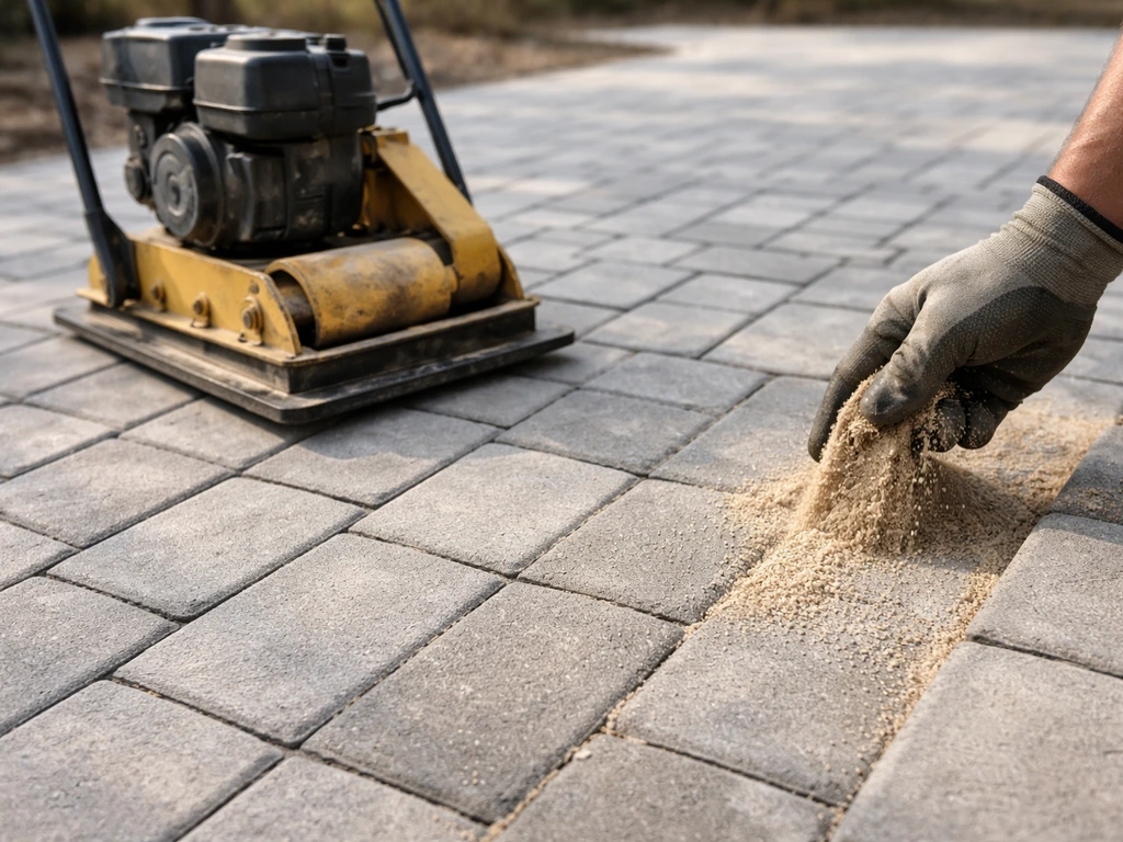 Plate compactor on pavers while jointing sand is swept into the gaps between stones.