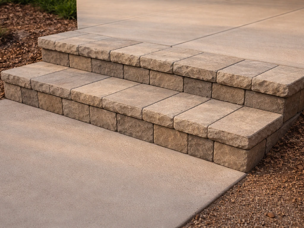 Finished DIY patio steps made of stone pavers with clean aligned risers and level treads leading up.