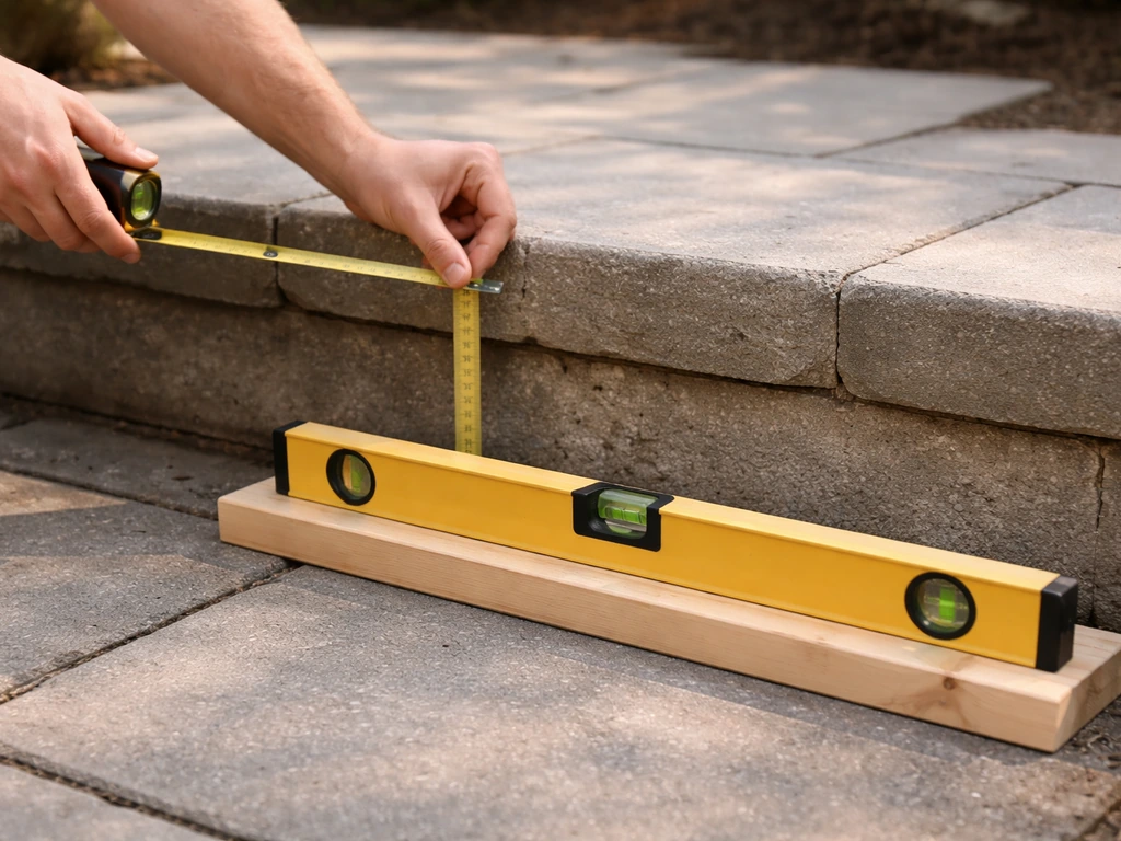 Hands using a tape measure and spirit level on a patio to plan DIY step rise and height.