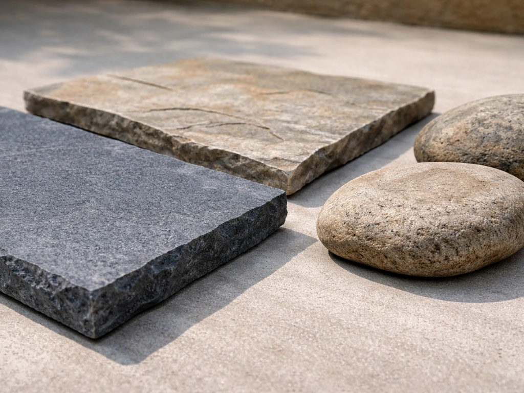 Assorted bluestone, flagstone, and fieldstone pieces with varied textures and edges for patio steps.