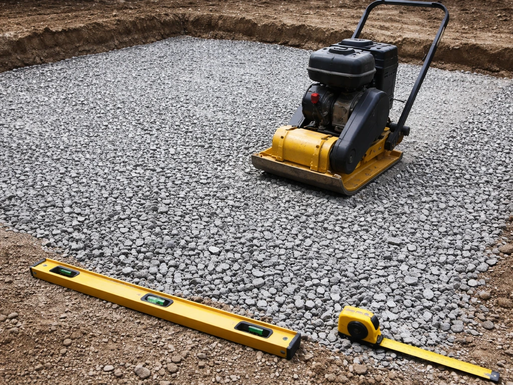 Plate compactor leveling fresh crushed gravel base with a 4-foot level and tape measure nearby.
