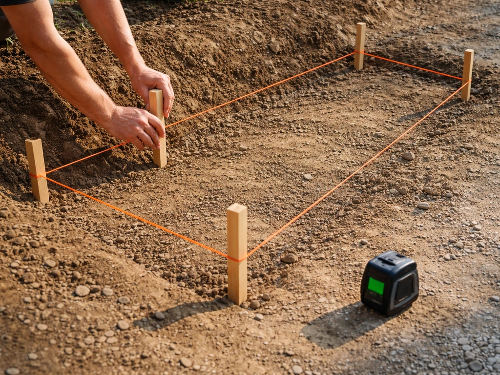 DIY patio site prep: stakes and string mark a step footprint on a sloped ground before excavation.