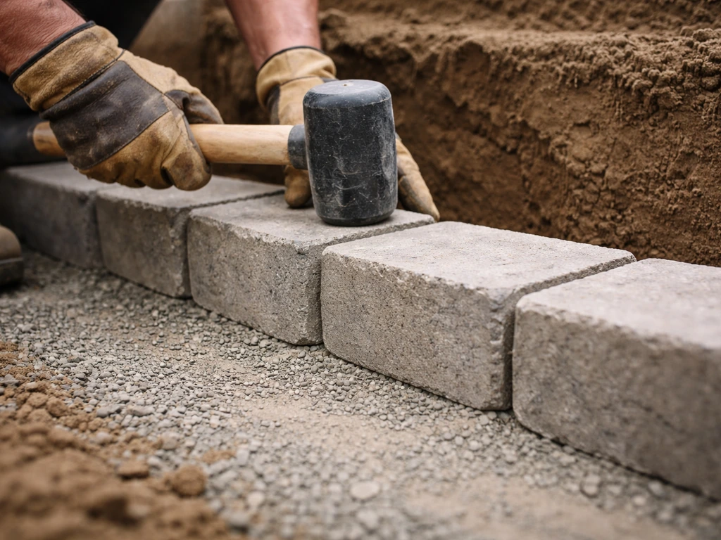 Gloved hands tap the first row of retaining wall blocks into a screeded base for alignment.