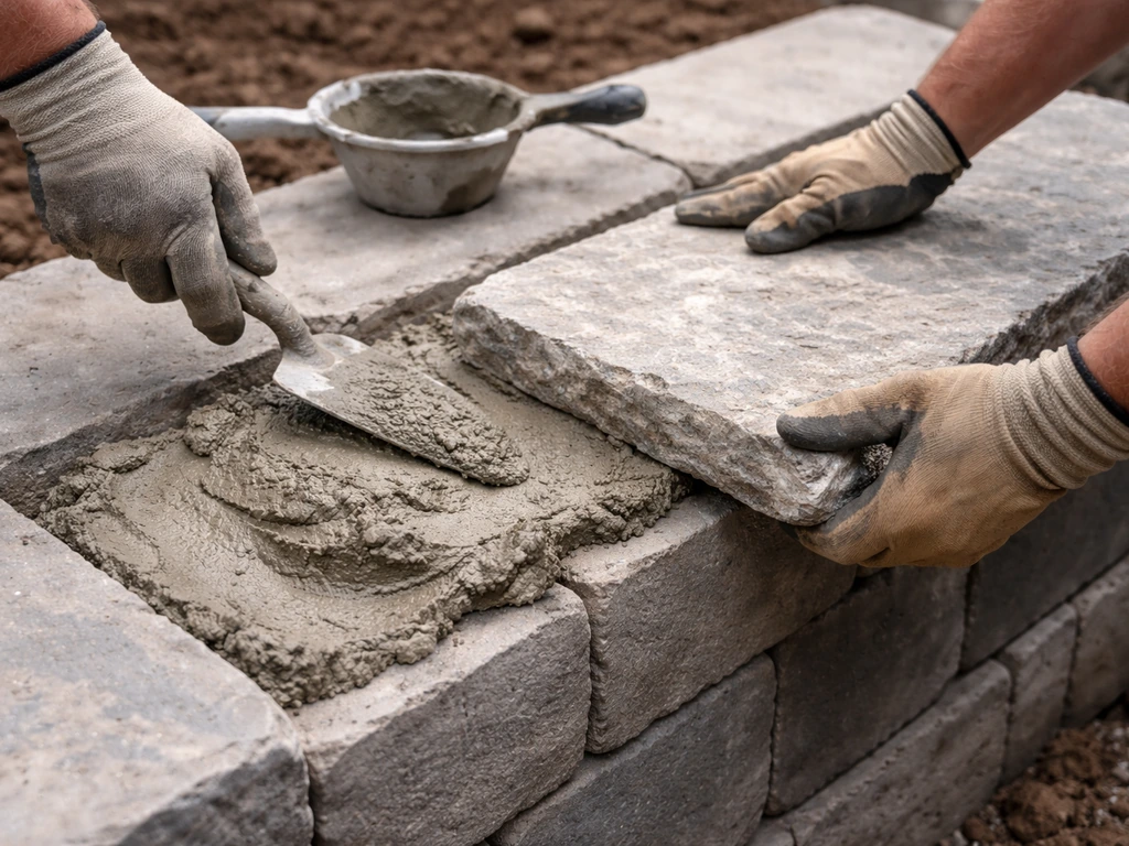 Gloved hands spreading Type S mortar and setting a stone tread paver with aligned joints.