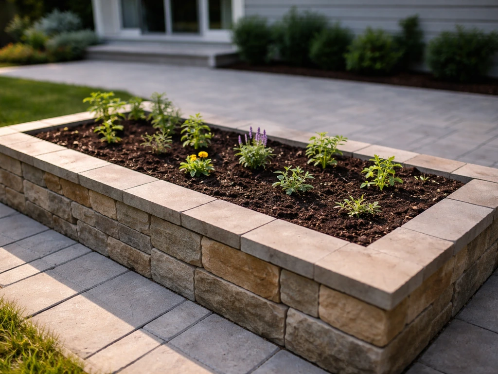 Raised patio planting bed filled with dark soil, bordered with edging, with small early plants in bloom.