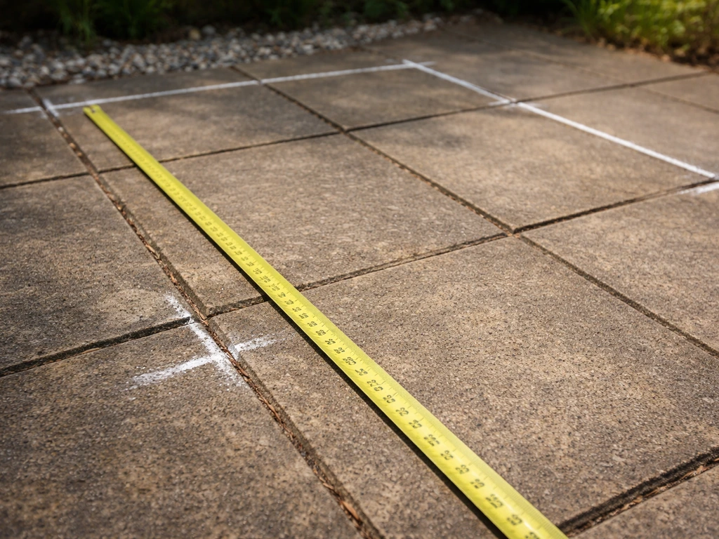 Close-up of measuring tape and layout chalk marks showing garden bed dimensions on a patio.