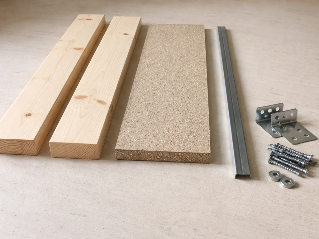 Minimal layout of bed frame and border materials—wood boards, composite panels, metal edging with corner brackets.