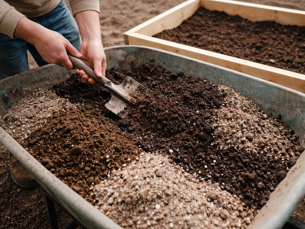 Hands mixing compost, topsoil, and growing mix in a wheelbarrow while filling a wooden raised bed.