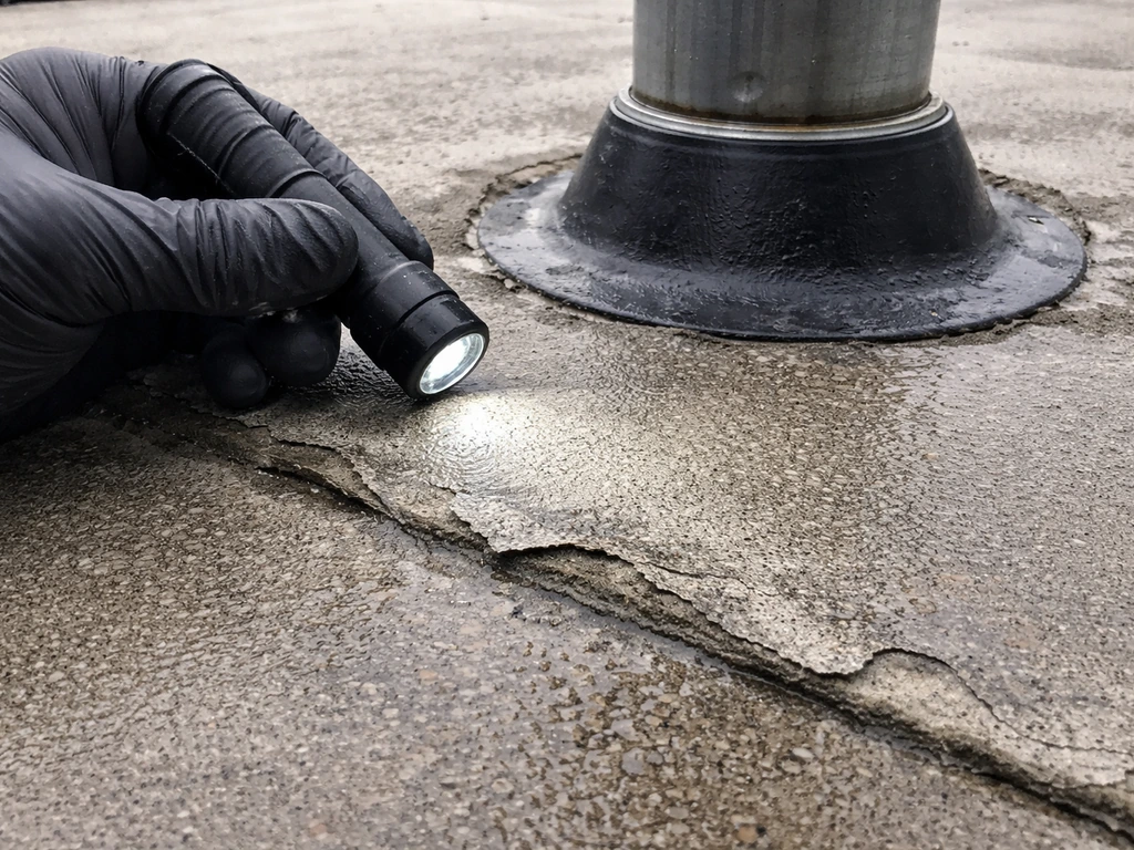 Gloved hand inspecting a flat roof membrane near a pipe penetration for cracks, blisters, and peeling.