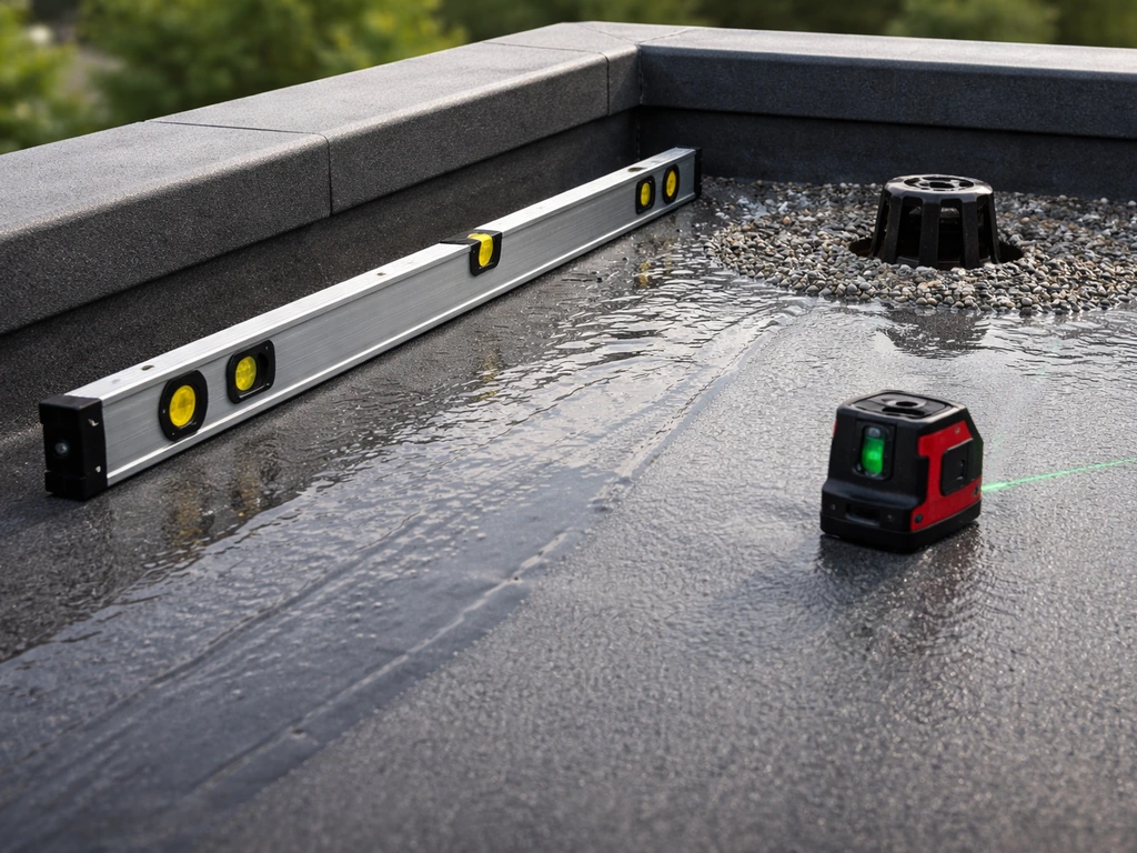 Close-up of a flat roof with a level/laser showing slope and water flowing toward a drain