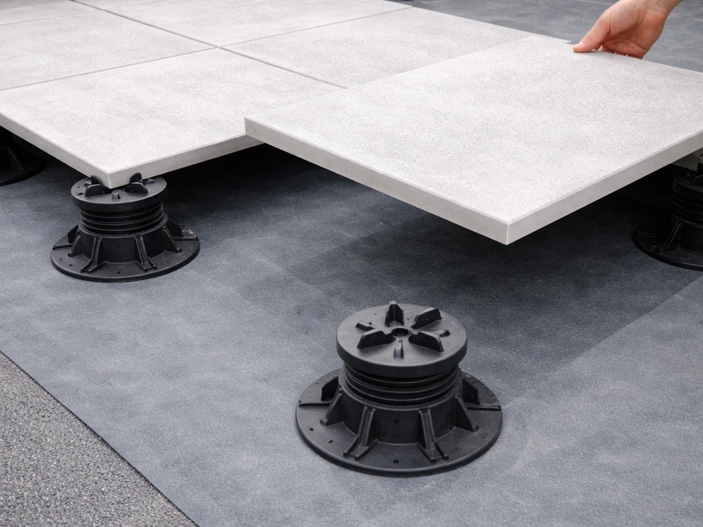 Porcelain pavers on adjustable pedestals with rubber feet on a rooftop membrane, close installation moment.