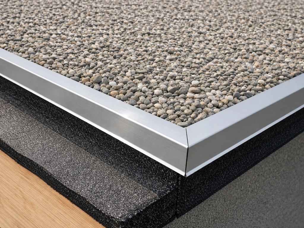 Minimal rooftop gravel ballast layer over a protective membrane edge with restrained gravel depth