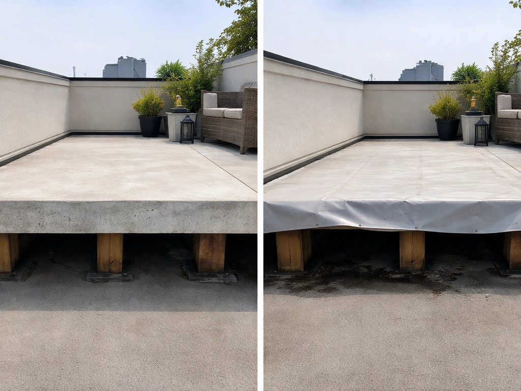 Rooftop patio good reinforced support vs bad membrane-overload setup with damp staining.