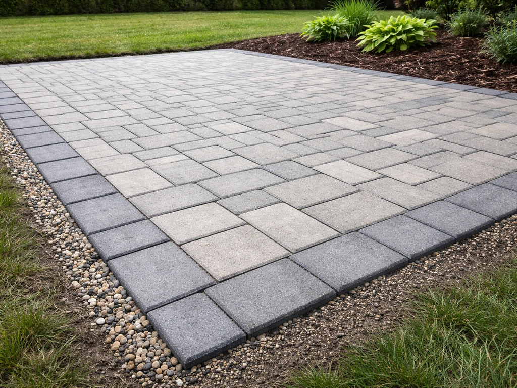 Finished backyard patio with interlocking pavers and clean edging over a gravel base