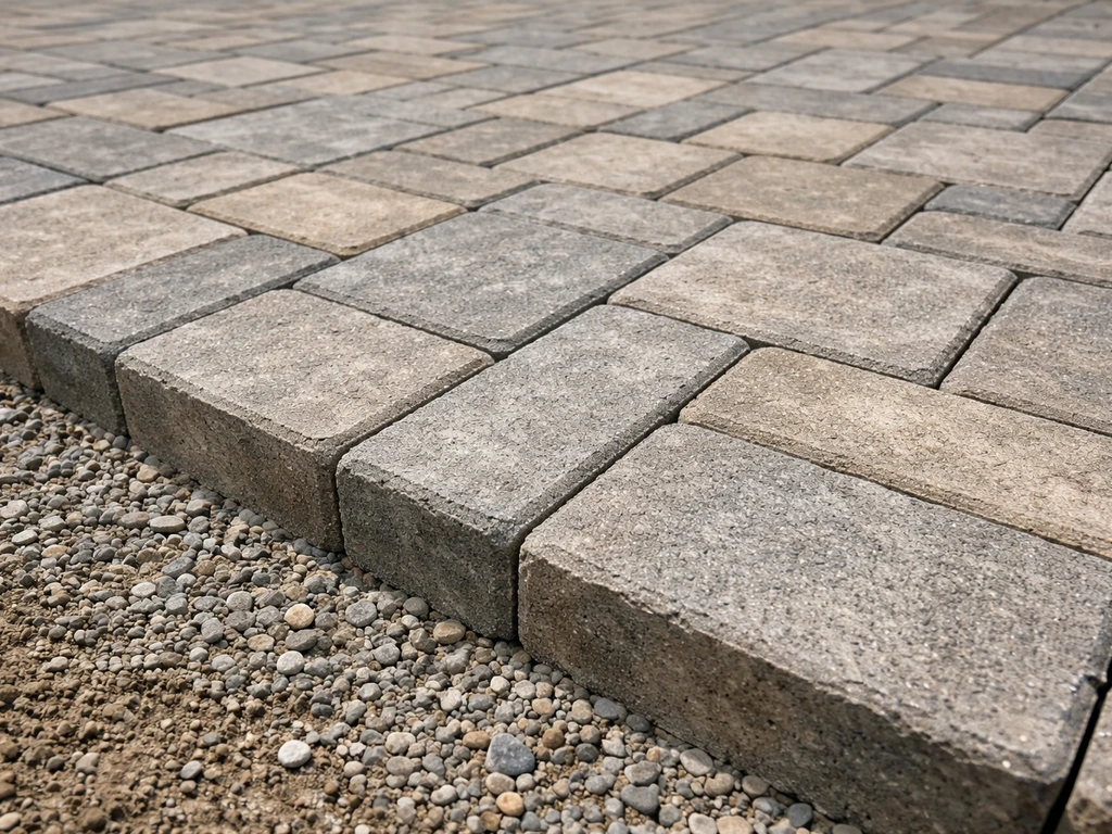 Close-up of interlocking pavers set tightly on compacted gravel, showing a dry-set patio surface.