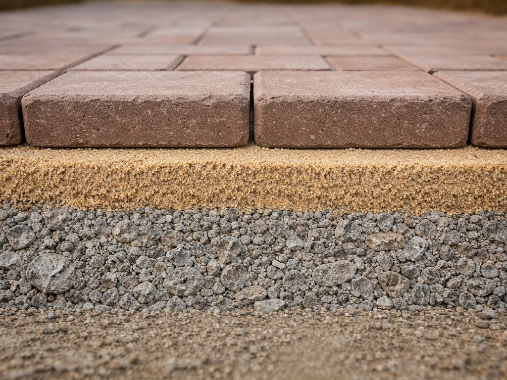Layered patio cross-section detail showing compacted gravel base, bedding sand, and pavers for drainage.