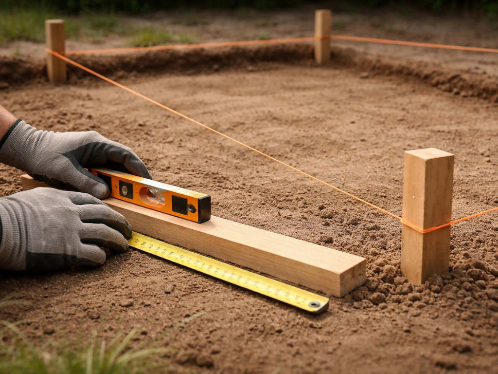 Hands using a level and measuring tape to plan patio drainage with stakes and string lines on soil