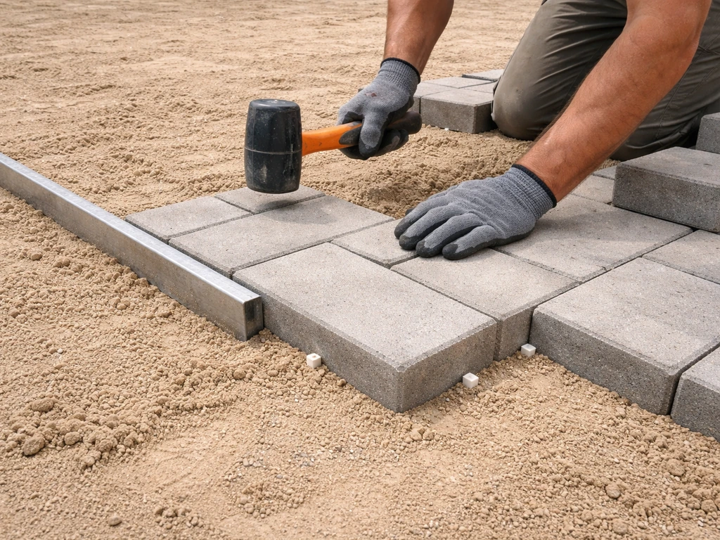 Hands placing rectangular pavers with spacers into coarse bedding sand along a straight edge.