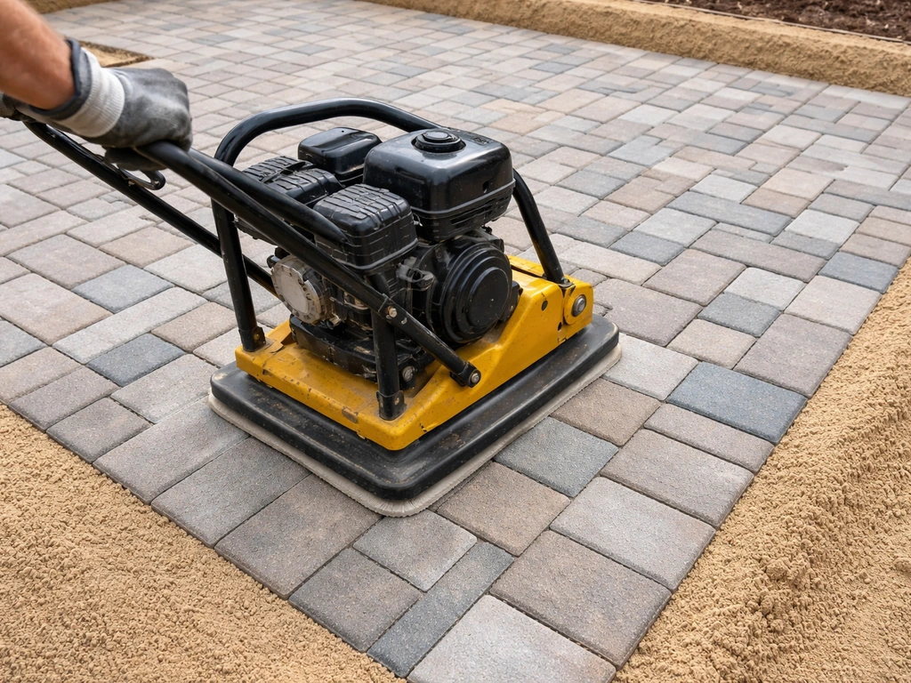 Plate compactor with protective pad running over newly installed pavers, compacting into bedding sand.