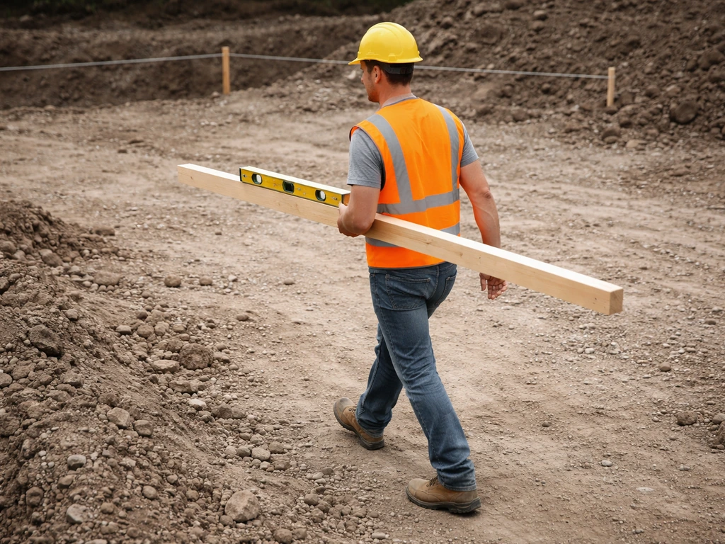 Worker checks uneven ground using a spirit level on a straight board and a taut string line on site.