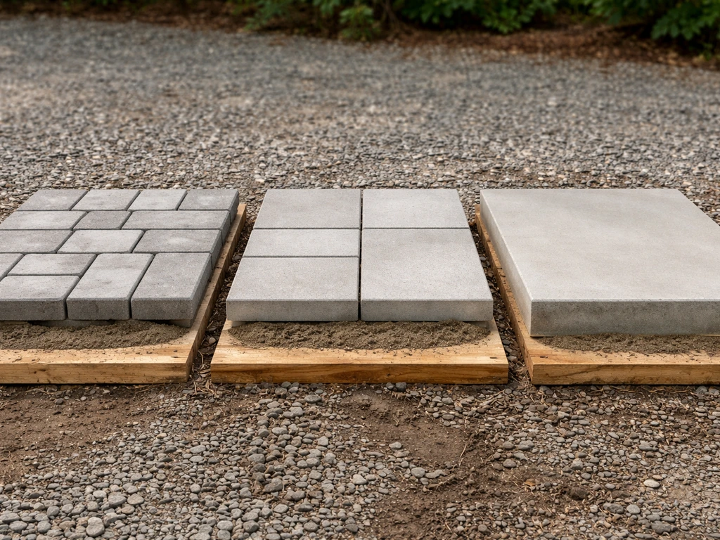 Side-by-side material samples of pavers, patio slabs, and concrete showing uneven-ground texture and finish.