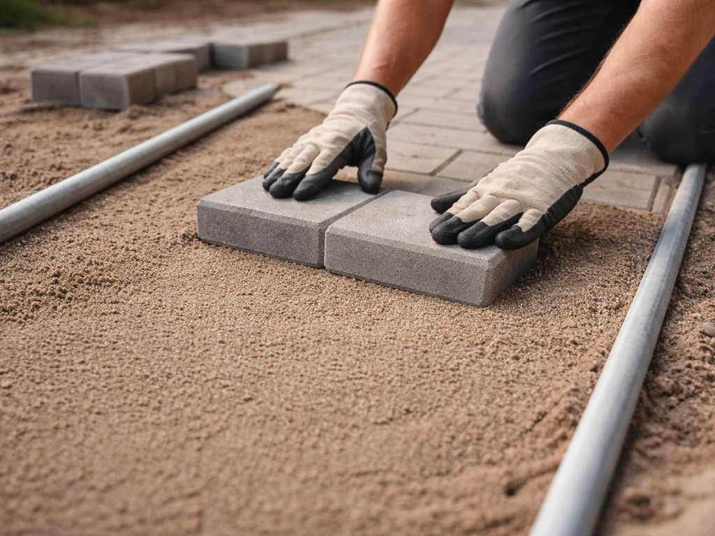 Hands setting patio pavers into screeded bedding sand on uneven ground with two screed rails