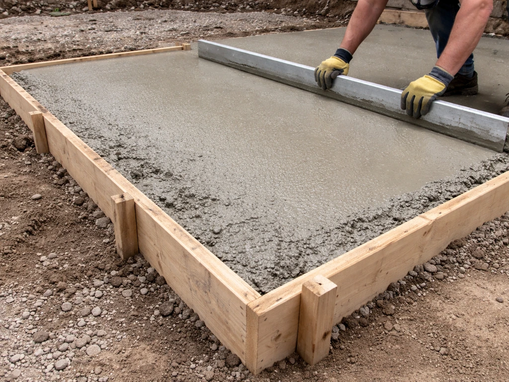 Concrete patio crew sets forms and screeds fresh concrete on uneven ground to a consistent grade.