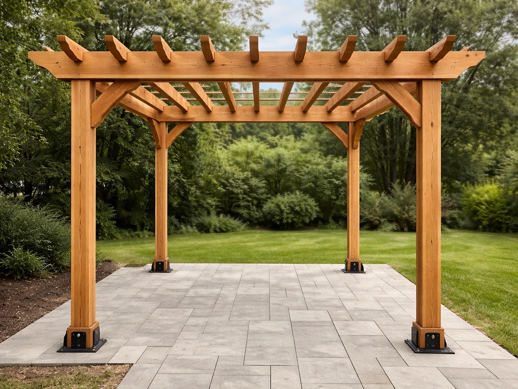 Finished DIY arbor over a patio with framed rafters and anchored posts against a clean outdoor backdrop.