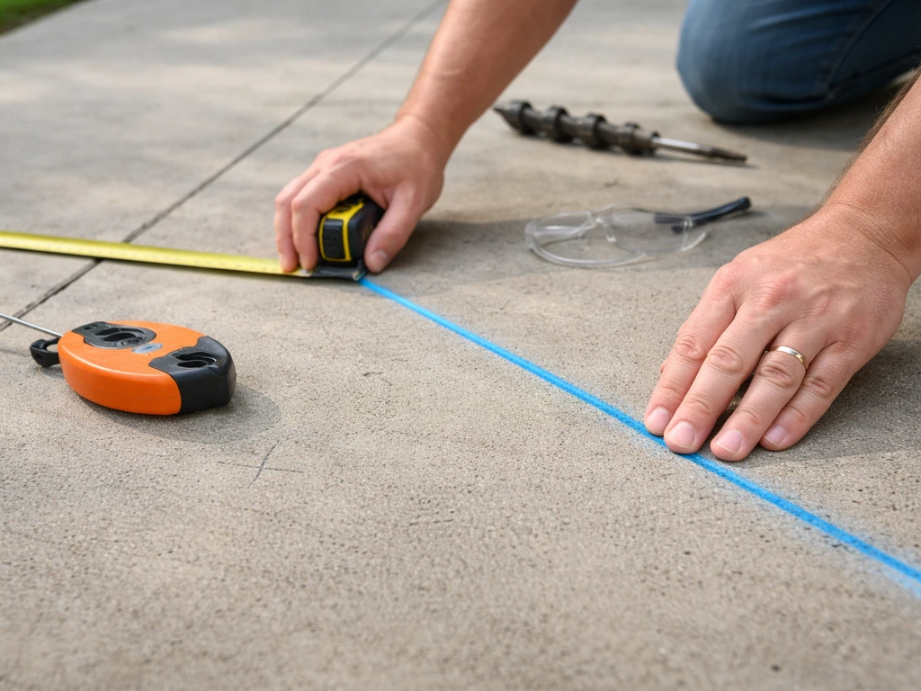 Hands using a tape measure and chalk line on a concrete patio to mark post drilling locations