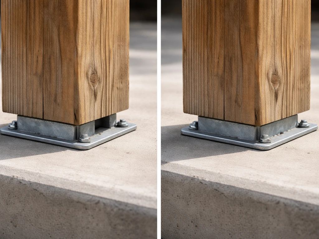Wood arbor post base elevated above concrete with an air gap to prevent trapped moisture rot.