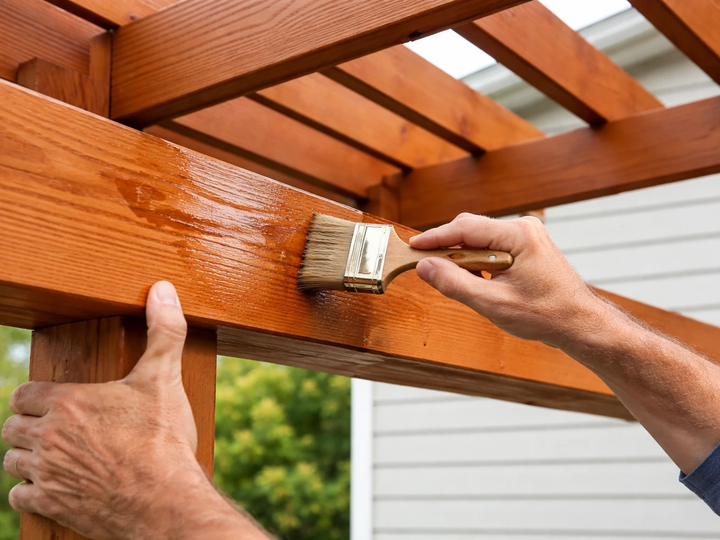 Hands brushing penetrating wood sealer onto outdoor cedar rails and rafters on a simple structure.