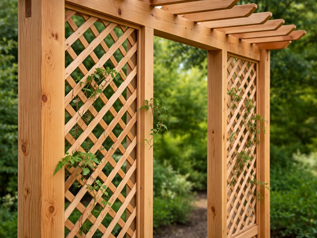 Cedar lattice panels attached to an arbor with climbing plant vines ready to grow