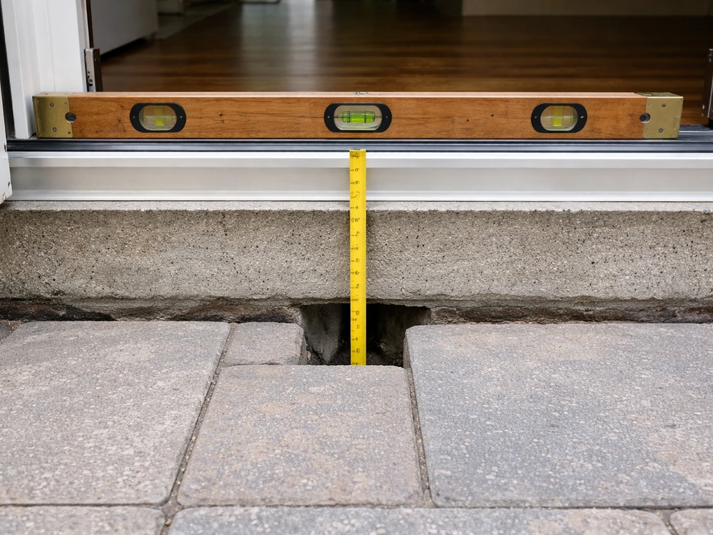 Close-up of a long level and tape measuring the height from a door threshold down to a patio surface.