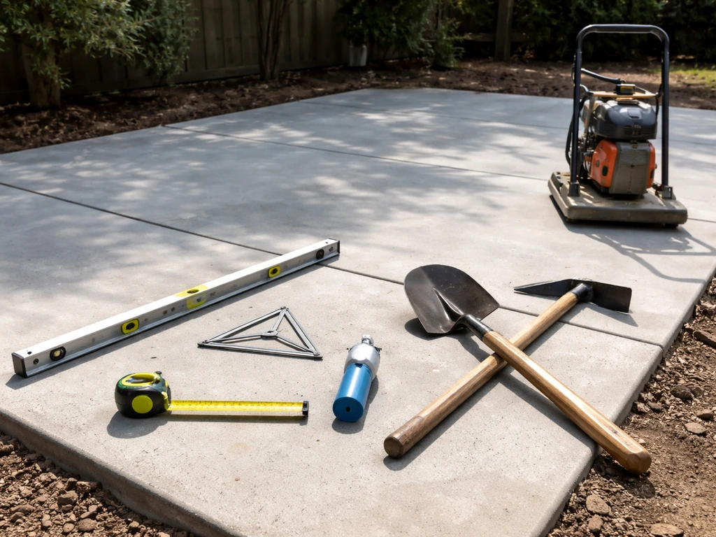 Outdoor concrete tool lineup with tape measure, long level, speed square, shovel, and tamper/compactor.