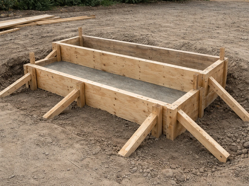 Close-up of braced plywood formwork for poured concrete steps with stakes driven into the ground.