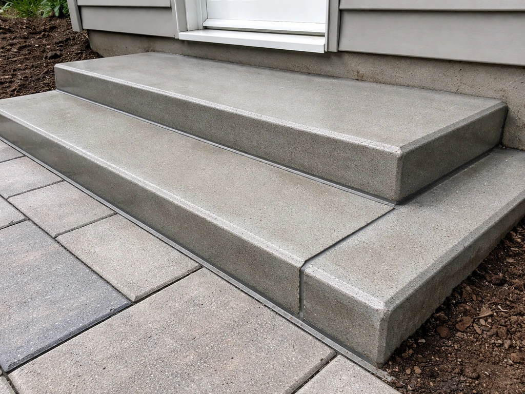 Finished sloped concrete step treads pitching away from a house with sealed base edges for drainage.