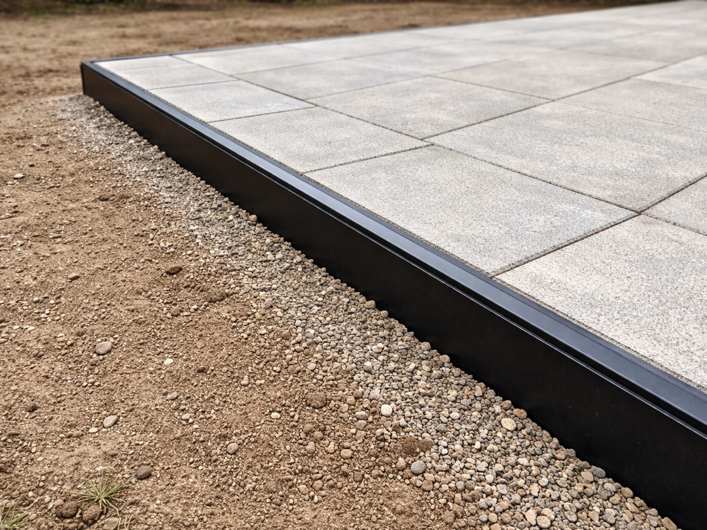 Clean installed edging line along a raised patio, showing neat spacing against surrounding yard grade.