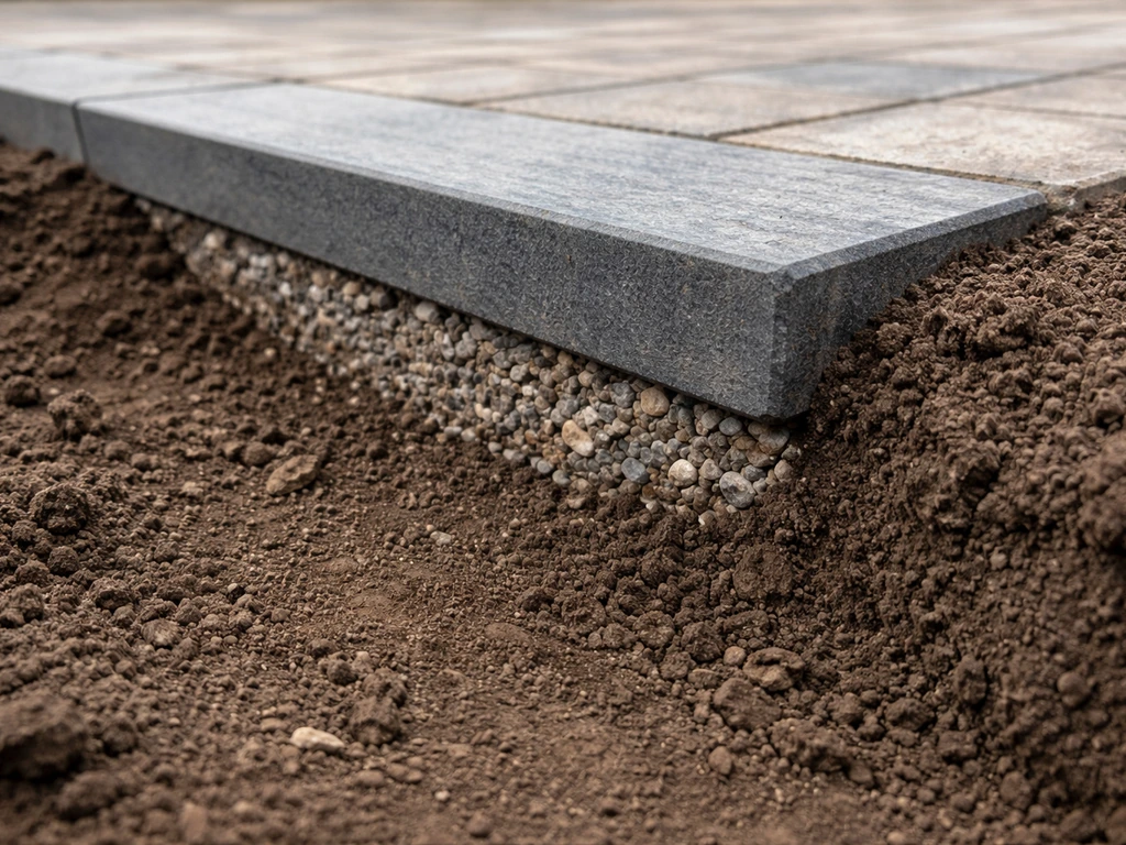 Close-up of raised patio edge with gravel and neatly installed edging holding back soil