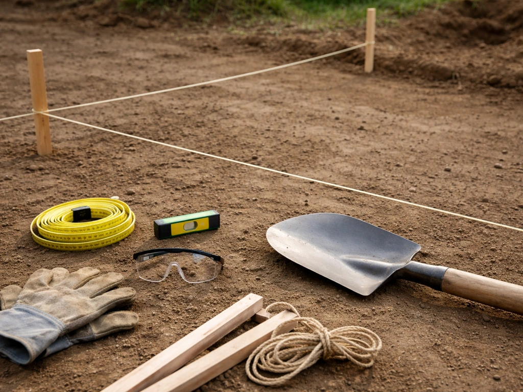 Tools and measuring setup on the ground: mason’s line and stakes, tape measure, level, shovel, PPE before digging.