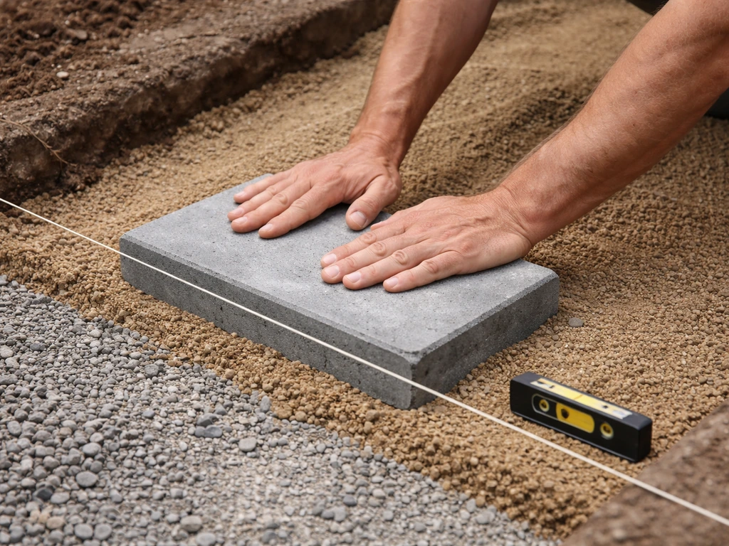 Worker setting the first paver into coarse bedding sand on a compacted gravel base, aligned with a string line.