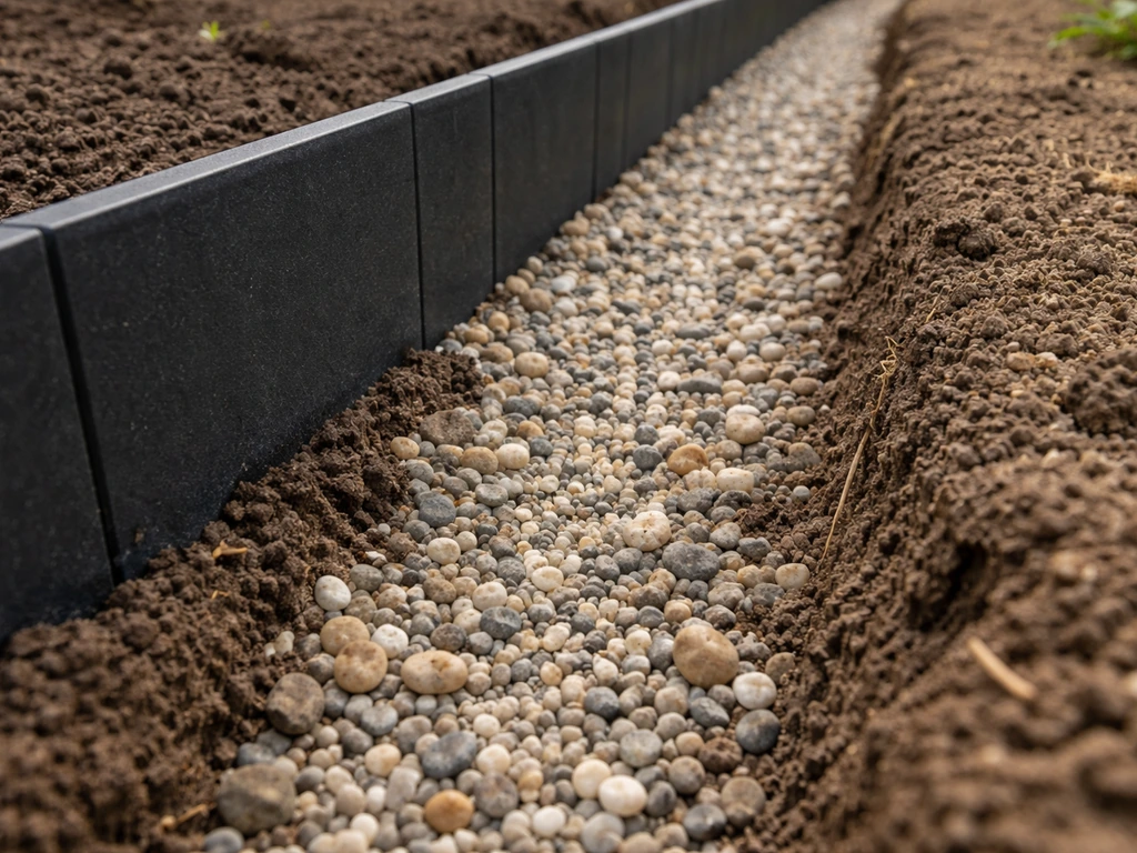 Trench beside installed garden edging filled with pea gravel for drainage, close-up view