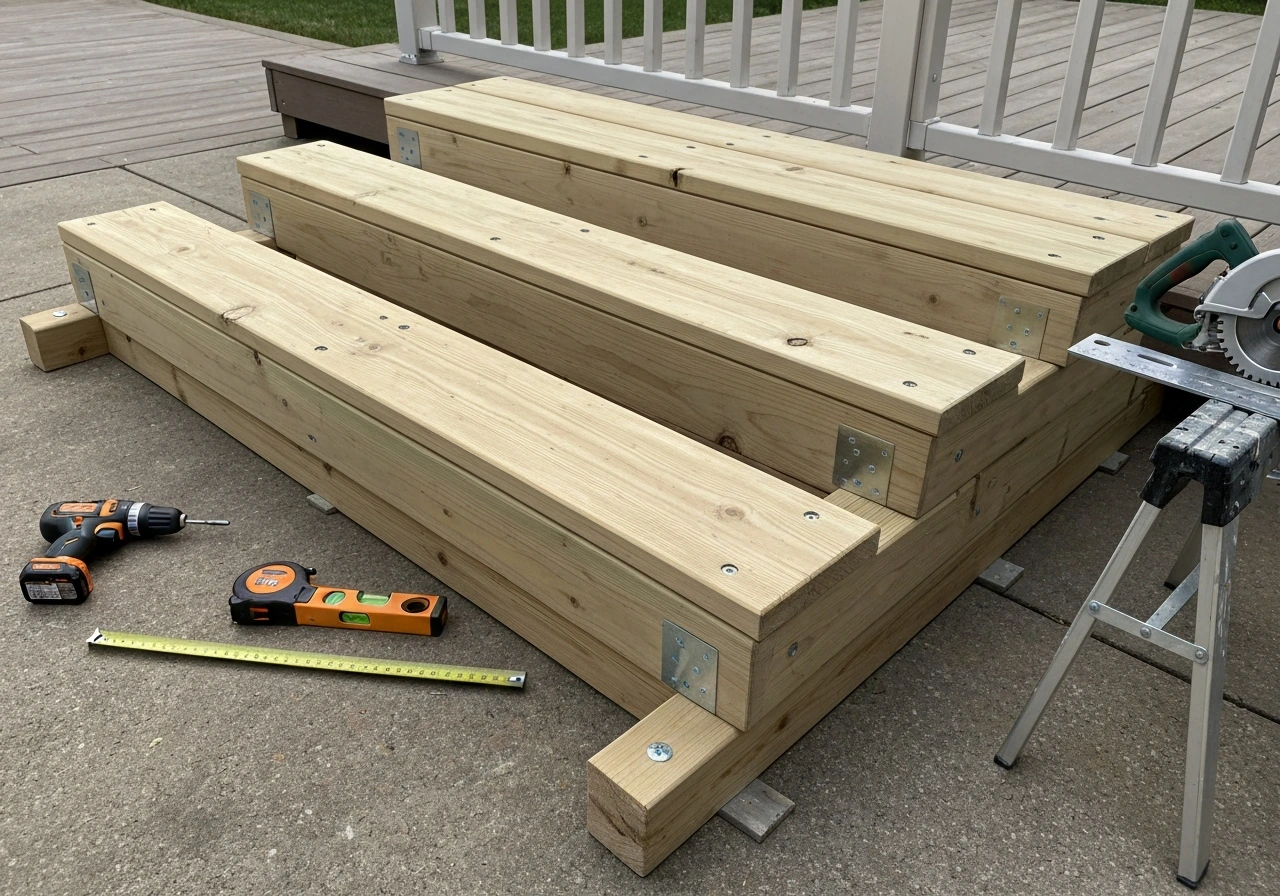 Unfinished DIY wood patio steps framework with stringers and treads, tools nearby on level supports.