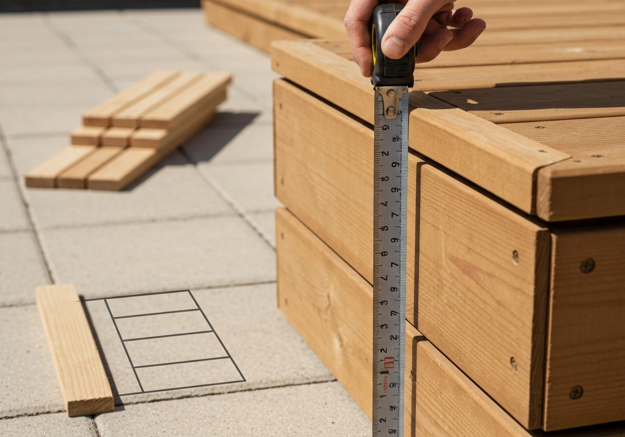 DIY tape measure measuring the height of a wooden deck edge for patio stair planning
