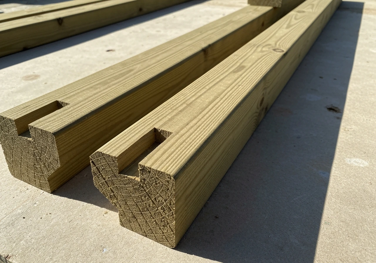 Close-up of pressure-treated stair stringers with cut notches and angled layout supporting the treads